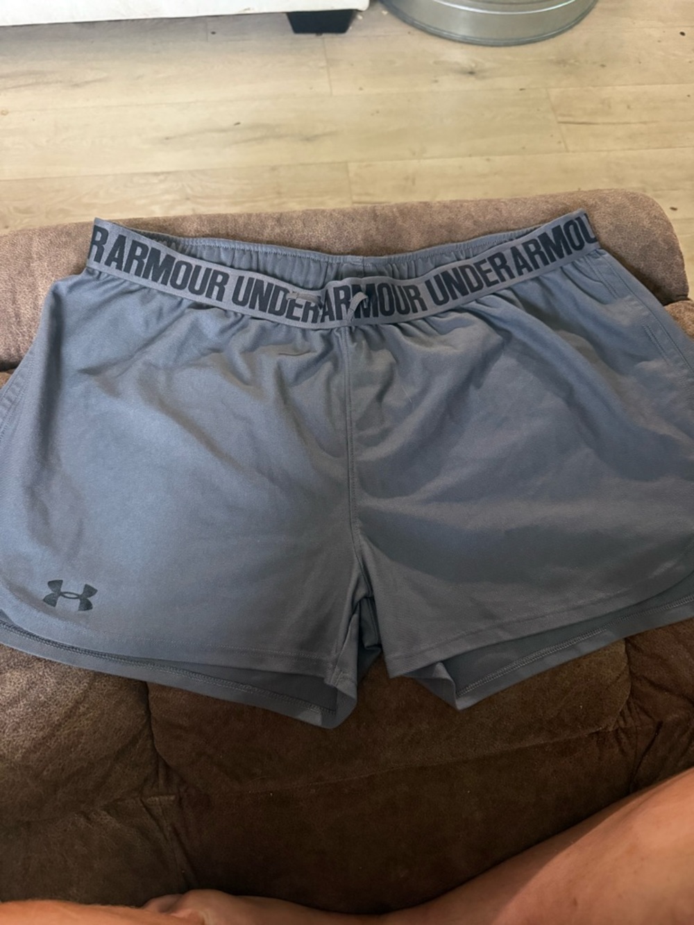 Under Armour Women's Slate Gray Athletic Shorts with Logo Waistband